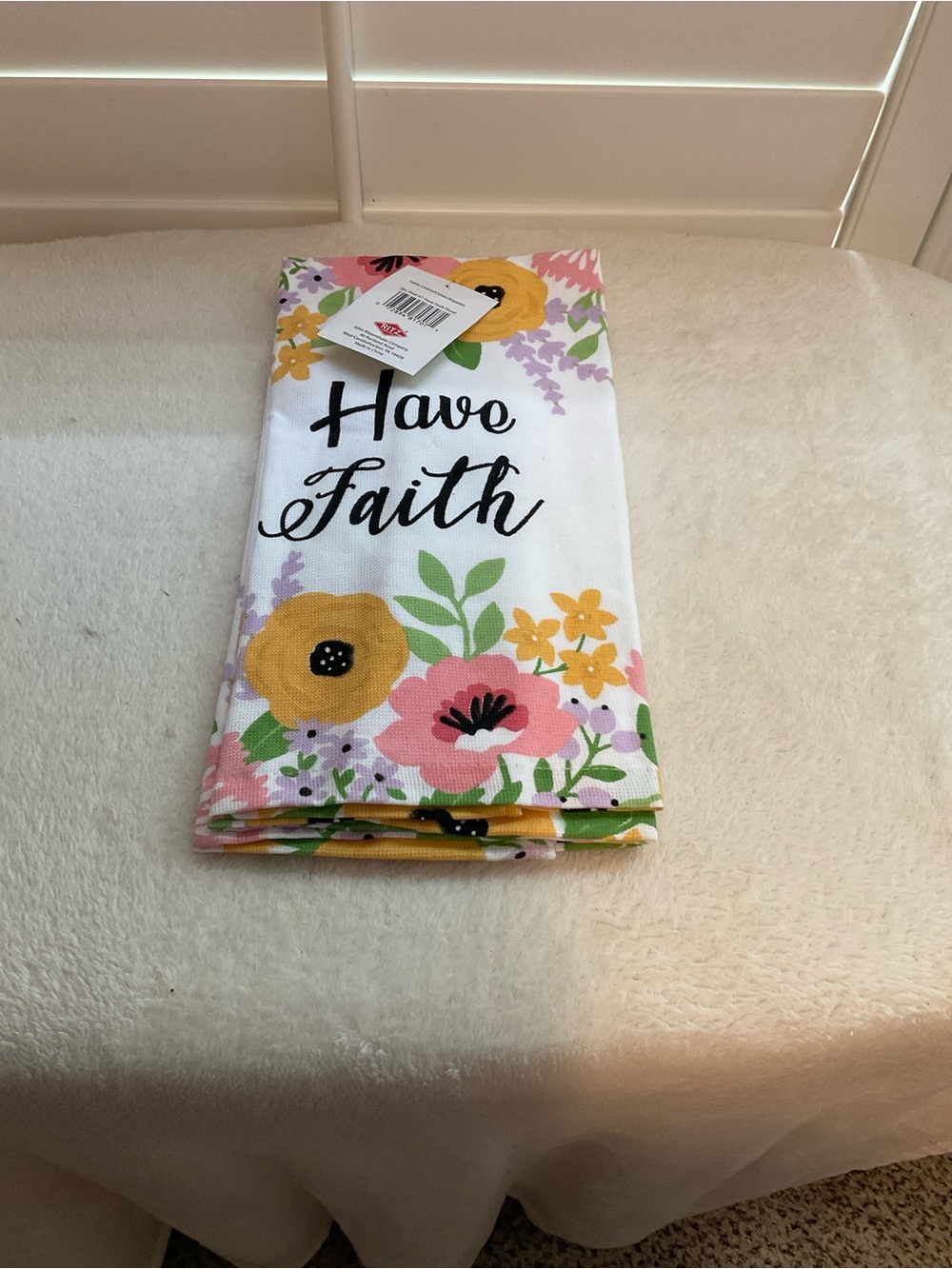 Have Faith Floral Kitchen Towel - White with Pink & Yellow Flowers